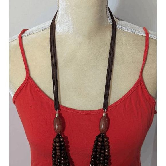 NWT Chico's "Kiona" 38" gold dark honey tone beaded necklace faux leather cord - Picture 2 of 3